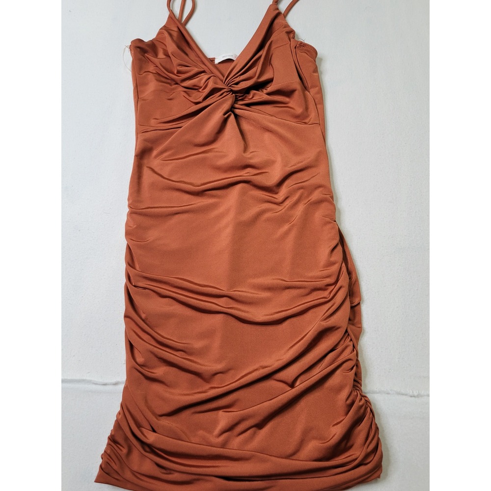 Better Be Rust Orange Ruched Twist Front Bodycon Midi Dress Adjustable Straps